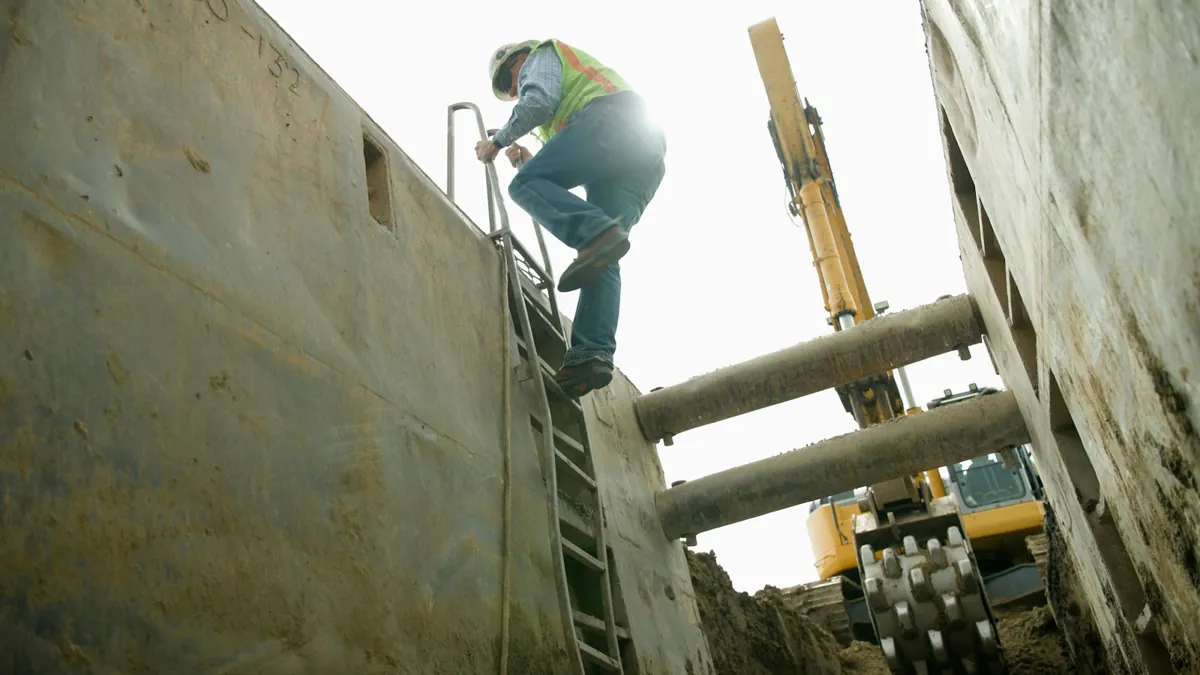Worker climbing a ladder out of a deep, shored utility trench